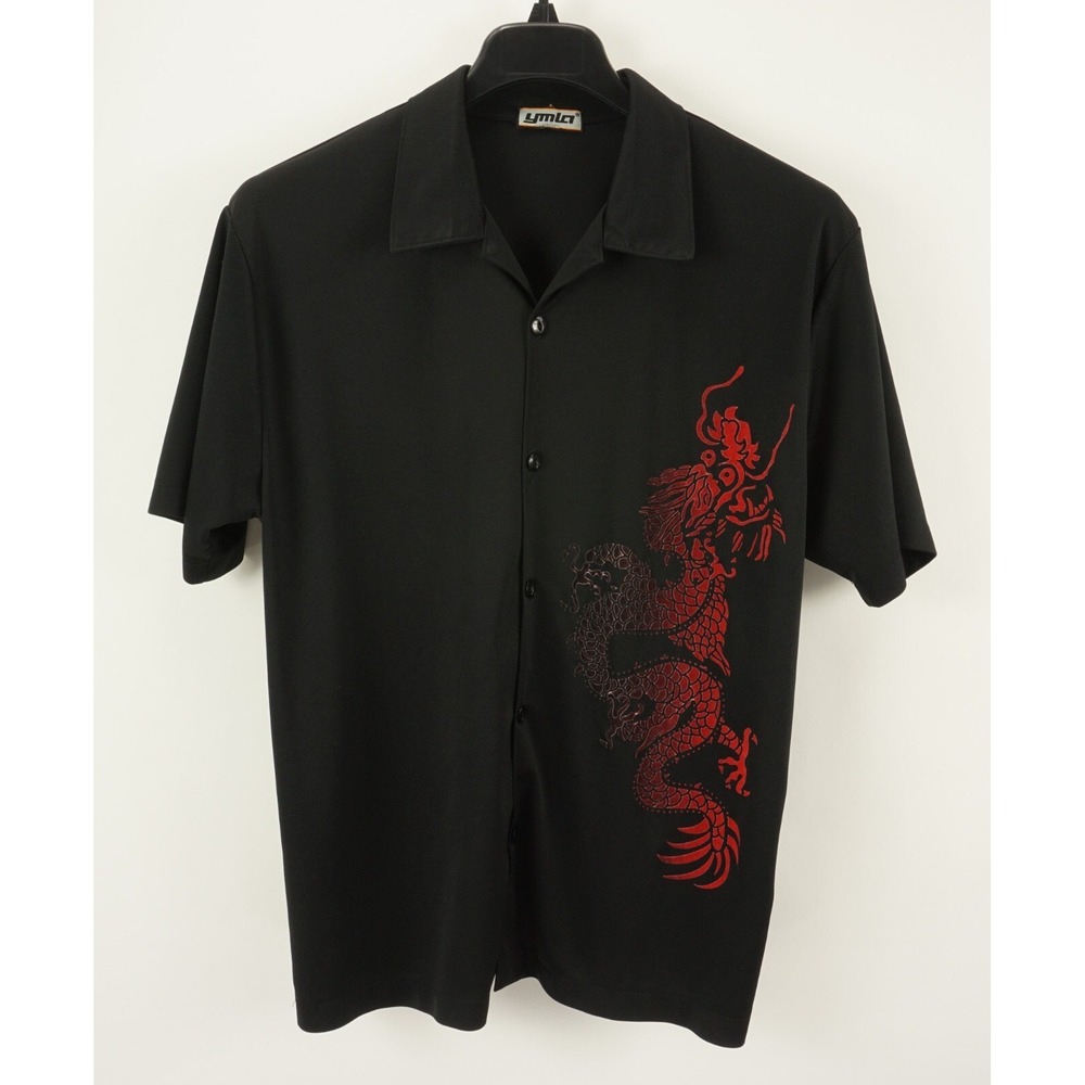 Vintage 1980's YMLA Chinese Dragon Dancing Club Shirt Mens Large Black Button Up